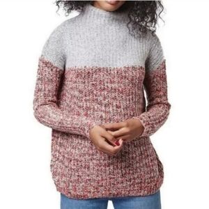 Topshop Gray & Red Color Block Mock Neck Chunky Knit Sweater